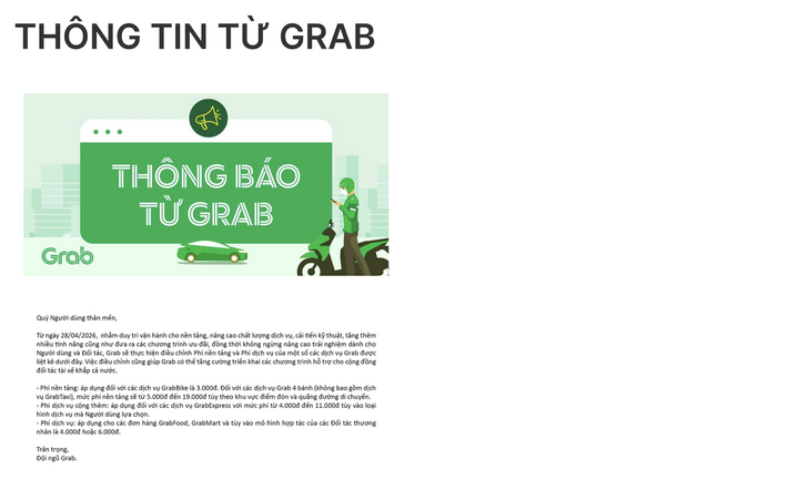 Thông báo tăng phí mà Grab gửi đến người dùng.