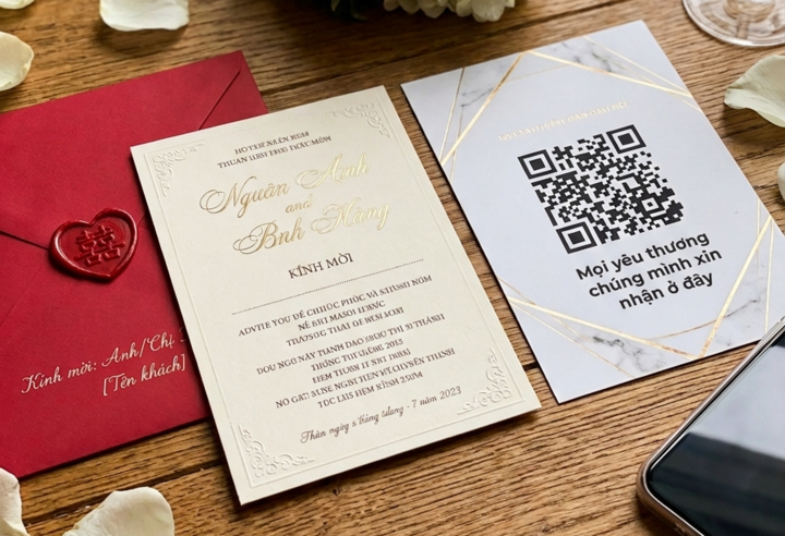 Nhiều người gắn QR tài khoản ngân hàng lên thiệp cưới để quan khách dễ mừng. (Ảnh minh họa: AI)