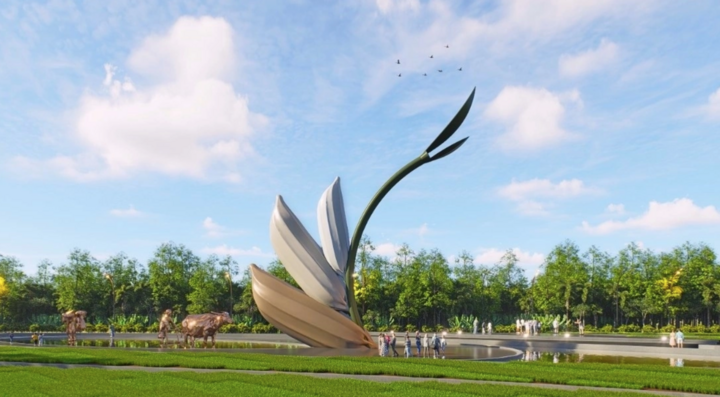 Thiết kế biểu tượng “ba hạt lúa” cao khoảng 24m tại xã Vĩnh Lợi, mang thông điệp về sự sinh trưởng, phát triển và sức sống bền bỉ của nghề trồng lúa.