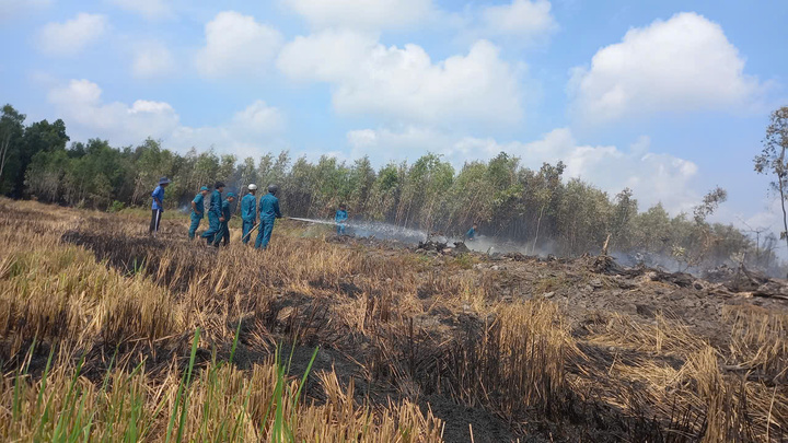 Suốt nhiều giờ, lực lượng chức năng bám trụ tại hiện trường, phối hợp vận hành máy bơm, máy chữa cháy và sử dụng các dụng cụ thủ công để khống chế đám cháy.