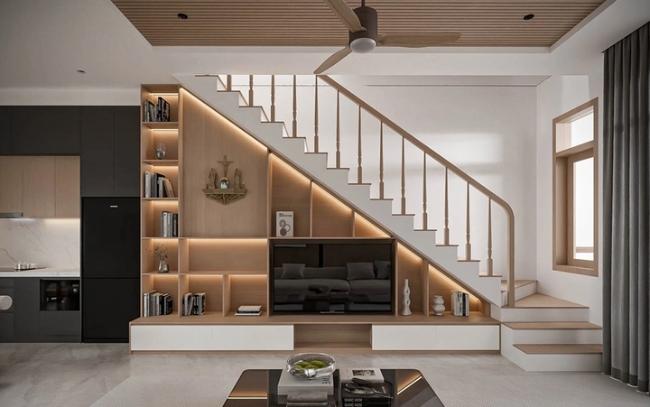 Cầu thang có thể đặt ở phía cuối nhà. (Ảnh: Sbs house)