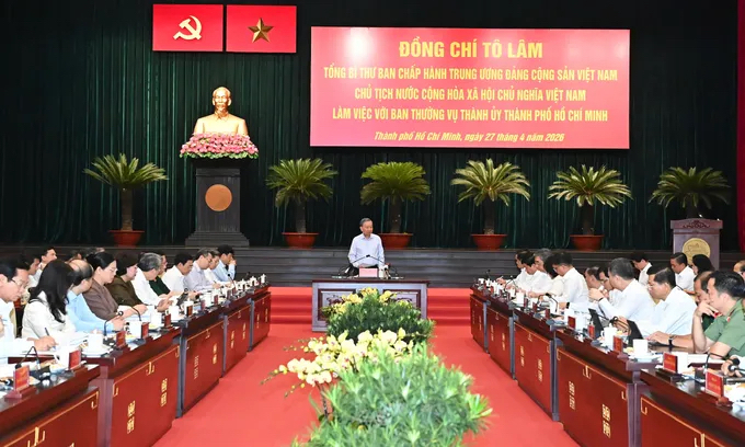 Tổng Bí thư, Chủ tịch nước Tô Lâm chủ trì buổi làm việc với Ban Thường vụ Thành ủy TP.HCM. (Ảnh: Việt Dũng)