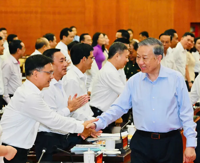 Tổng Bí thư, Chủ tịch nước Tô Lâm đến làm việc với Ban Thường vụ Thành ủy TP.HCM. (Ảnh: Việt Dũng)