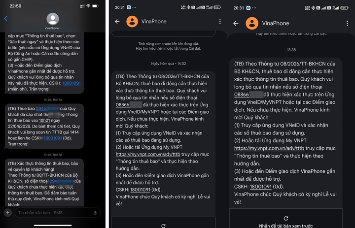 Người dùng liên tục nhận được tin nhắn thông báo xác thực thuê bao từ nhà mạng.