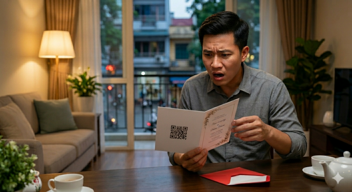 Nhiều người coi thiệp cưới gắn QR không khác nào hình thức "đòi" nợ, không đi vẫn nhớ gửi tiền. (Ảnh minh họa: AI)