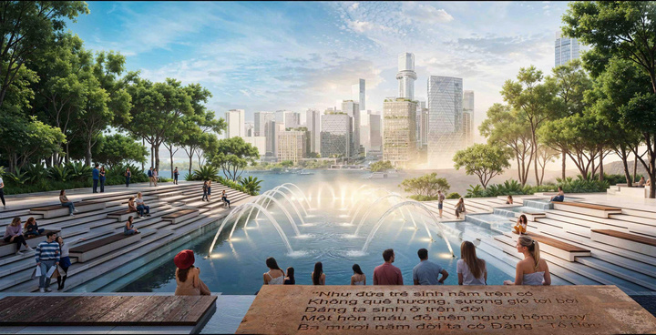 Phối cảnh Bảo tàng Hồ Chí Minh - Chi nhánh TP.HCM, thiết kế với ý tưởng hình ảnh trung tâm là dòng nước.