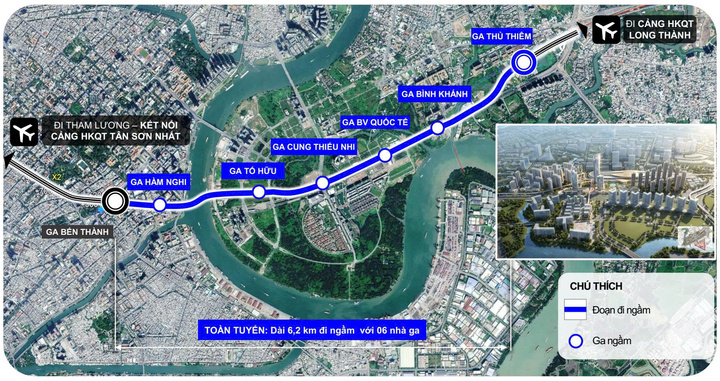 Sơ đồ hướng tuyến và vị trí 6 nhà ga của Metro Bến Thành - Thủ Thiêm. (Nguồn: THACO)