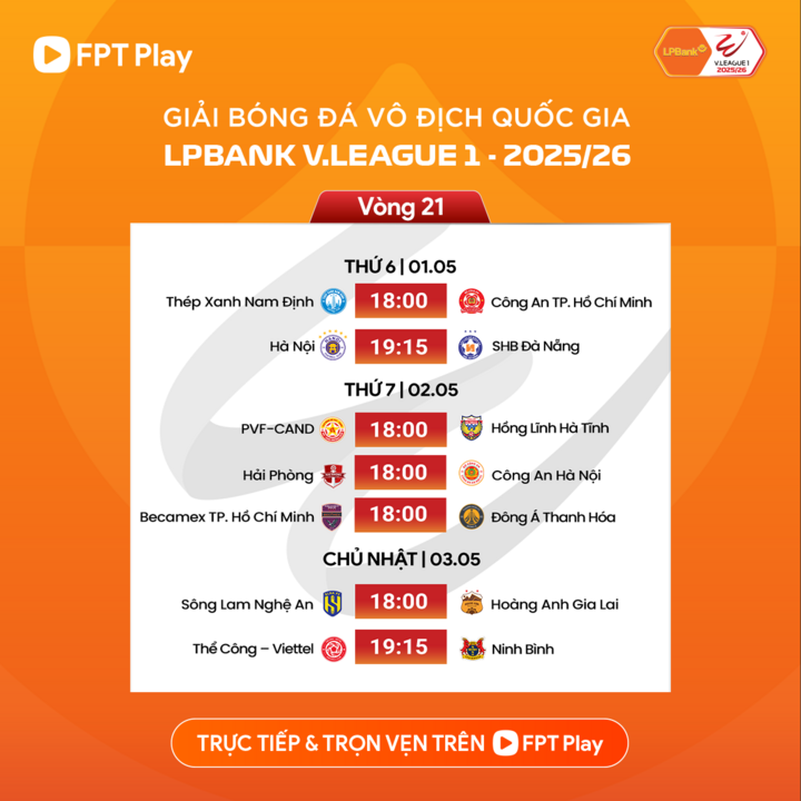 Lịch thi đấu chi tiết V.League vòng 21.