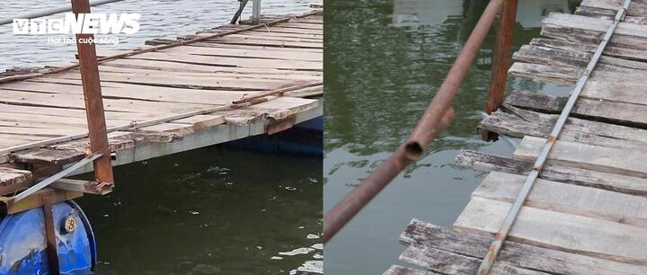 Những thanh gỗ mục nát được buộc lại chằng chịt trên cầu không đảm bảo an toàn, nhất là mùa mưa bão đang đến gần.