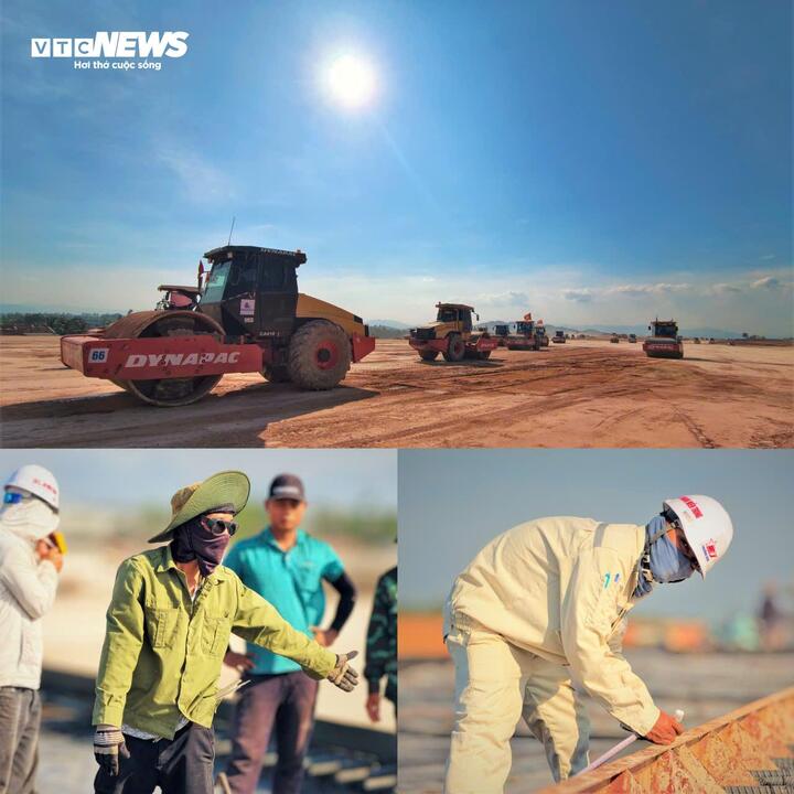 Dưới cái nắng gay gắt ngoài trời gần 40°C của vùng đất Gia Lai, công trường mở rộng sân bay Phù Cát như một "chảo lửa" nhưng không làm giảm đi nhịp độ thi công khẩn trương.