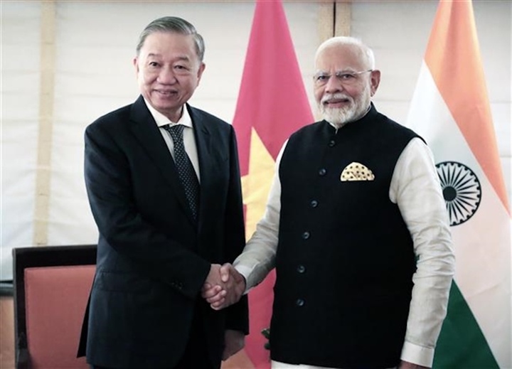 Tổng Bí thư, Chủ tịch nước Tô Lâm và Thủ tướng Ấn Độ Narendra Modi năm 2024 tại New York. (Ảnh: VNA)