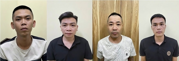 Bốn bị can (từ trái sang phải): Hoàng Tuấn Anh, Nguyễn Văn Điểm, Nguyễn Thanh Tùng, Nguyễn Khánh Linh