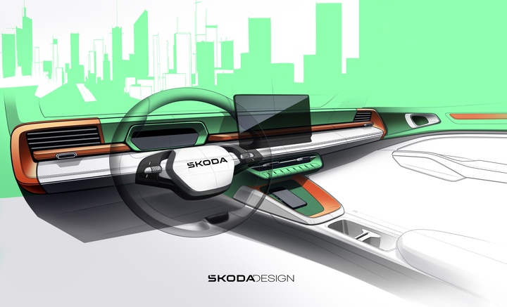Phác thảo không gian nội thất của Skoda Epiq với ngôn ngữ thiết kế Modern Solid tối giản và hiện đại.