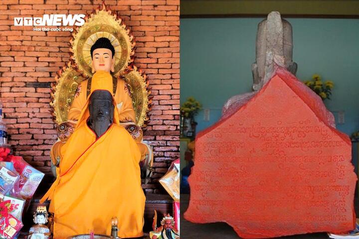 Phía sau lưng tượng có 12 dòng chữ Chăm-Pa cổ được khắc tỉ mỉ, sắc nét, kỳ bí. Dòng chữ này được nhiều người dân đồn đoán là bùa để trừ tà ma, thậm chí có người cho rằng đây là lời chỉ dẫn đến một kho báu của người Chăm cổ xưa. "Sở dĩ đằng sau pho tượng dính đầy màu đỏ là vì cứ tới ngày Rằm tháng Giêng hàng năm, bà con, phật tử khắp nơi tụ họp về đây, mua bột châu sa, thần sa bôi lên tấm bia sau đó dùng giấy in, ấn vào bức tượng để lưu lại những dòng chữ Chăm-Pa cổ trên bia ký”. – sư thầy Thích Thị Hòa, trụ trì chùa Linh Sơn chia sẻ.