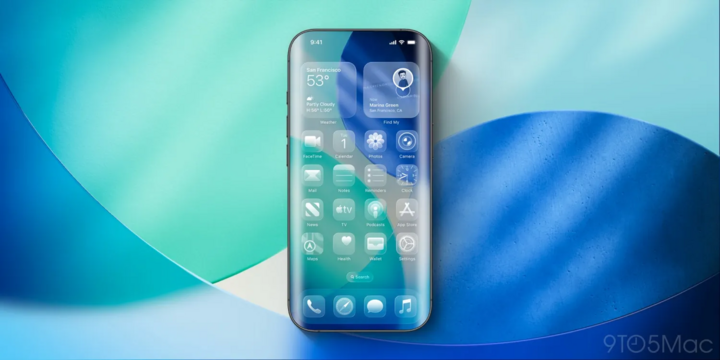 Minh họa concept iPhone 20 với thiết kế màn hình tràn viền và hiệu ứng kính trong suốt, minh họa cho những cải tiến tham vọng kỷ niệm 20 năm. (Nguồn: 9to5mac)
