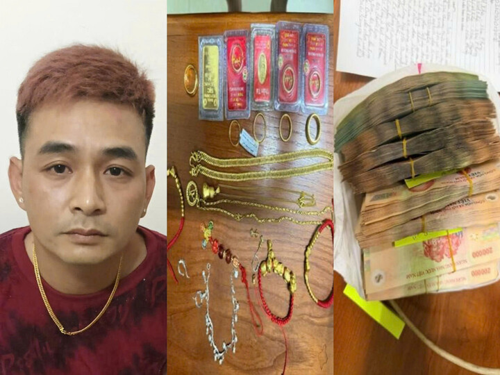 "Siêu trộm" Nguyễn Văn Sáng cùng số tang vật liên quan vụ án. (Ảnh: Văn Hiếu)