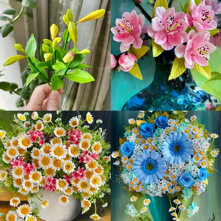 Chị Giáng Sinh chọn hoa làm chủ đề xuyên suốt trong các tác phẩm tranh đất sét của mình.