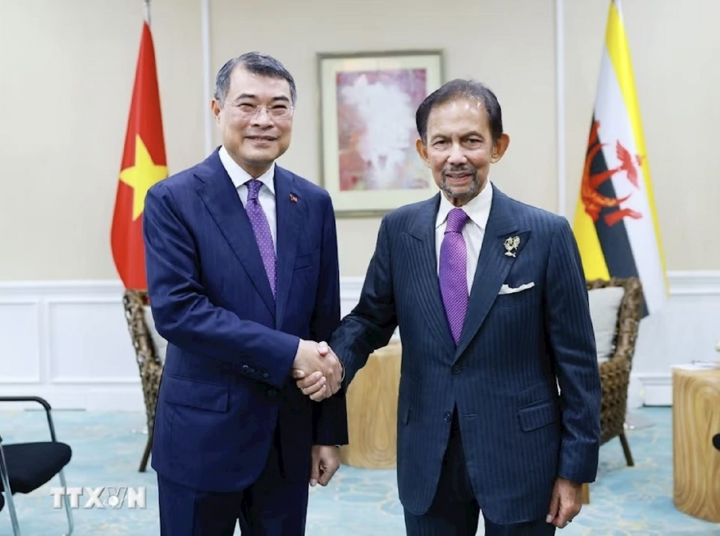 Thủ tướng Chính phủ Lê Minh Hưng gặp Quốc vương Brunei Haji Hassanal Bolkiah. (Ảnh: Dương Giang/TTXVN)