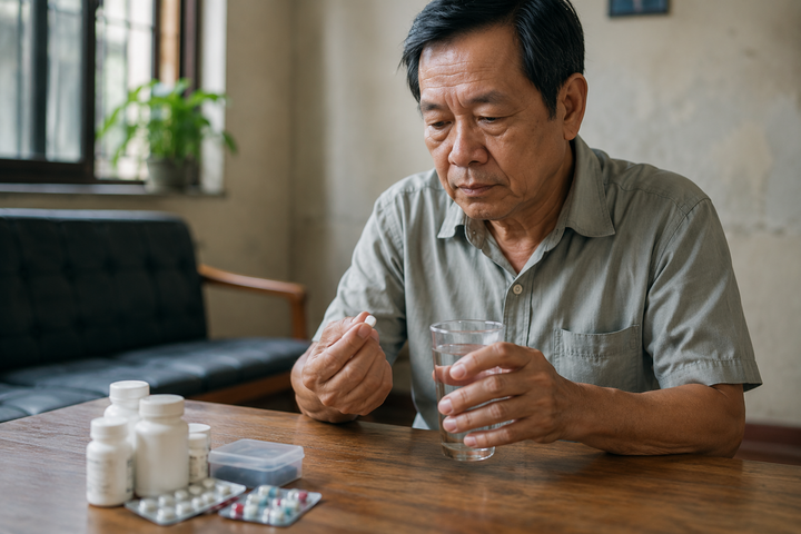 Nhiều người chưa kịp cầm sổ hưu đã ngày ngày phải uống thuốc.