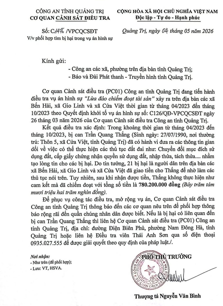 Thông báo của Cơ quan Cảnh sát điều tra Công an tỉnh Quảng Trị về việc phối hợp tìm người bị hại trong trong vụ án hình sự “Lừa đảo chiếm đoạt tài sản” do Trần Quang Thắng thực hiện. (Ảnh: Công an Quảng Trị)