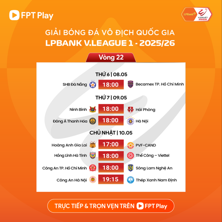 Lịch thi đấu V.League vòng 22.