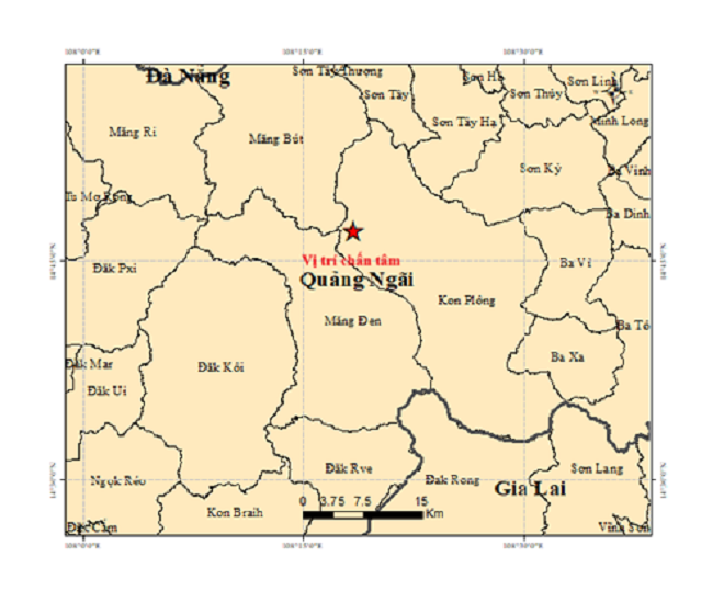 Bản đồ chấn tâm động đất xảy ra tại khu vực xã Kon Plông. (Ảnh: Trung tâm Báo tin động đất và Cảnh báo sóng thần)