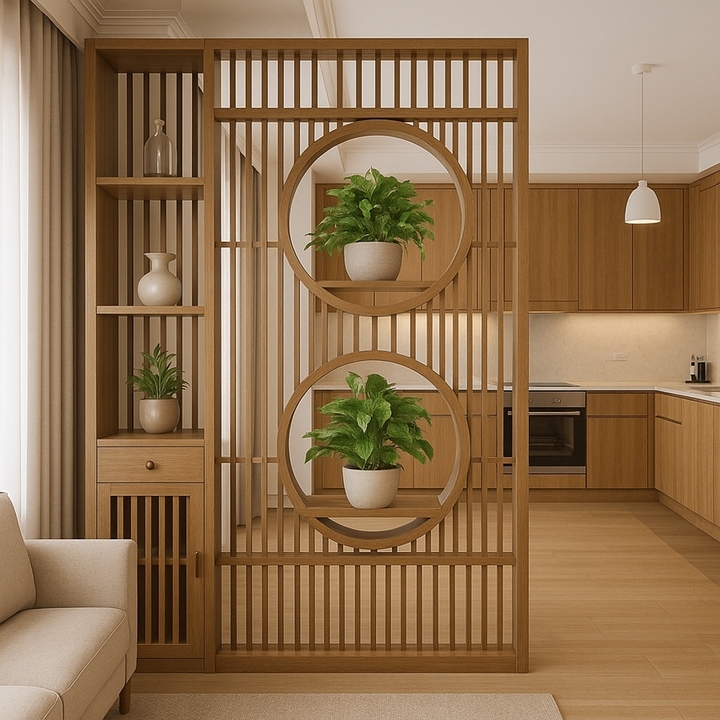 Vách lam gỗ phân vùng không gian mở nhưng vẫn đảm bảo riêng tư. (Ảnh: Nội thất Tri Phương)