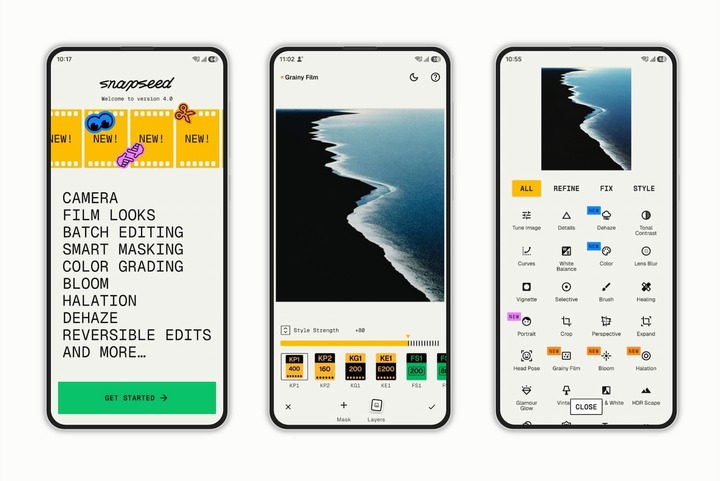 Giao diện Snapseed 4.0 với màn hình chào mừng và các công cụ chỉnh sửa mới, nổi bật với phím tắt Camera và hiệu ứng phim. (Nguồn: Snapseed)