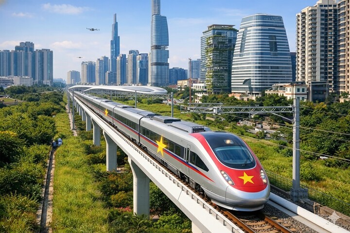 Dự án đường sắt tốc độ cao có tổng chiều dài 1.541km từ Hà Nội đến TP.HCM, đi qua địa phận 15 tỉnh, thành phố (Ảnh tạo bằng AI).