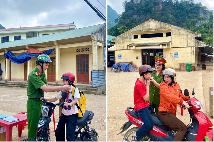 Công an xã Xuân Trường, tỉnh Cao Bằng tuyên truyền pháp luật về an toàn giao thông và tặng mũ bảo hiểm cho học sinh.