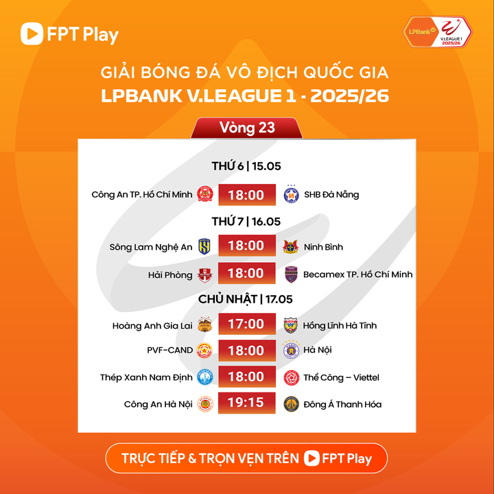 Lịch thi đấu V.League vòng 23. (Ảnh: FPT Play)