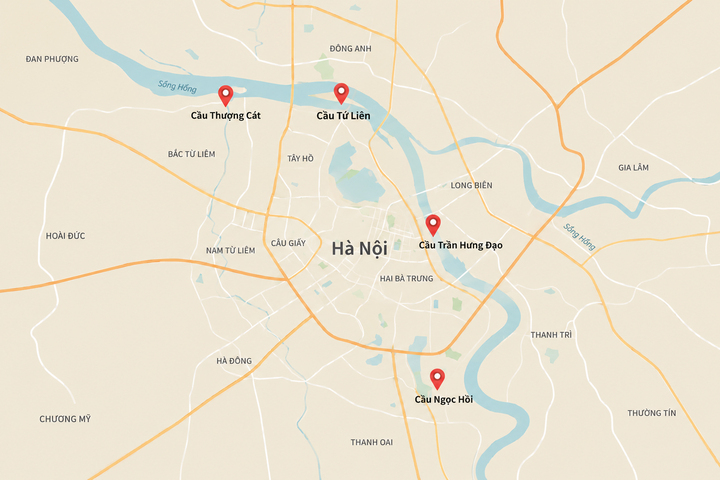 Vị trí 4 cây cầu vượt sông Hồng được quy hoạch xây dựng tại nhiều vị trí trọng điểm trên địa bàn Hà Nội.
