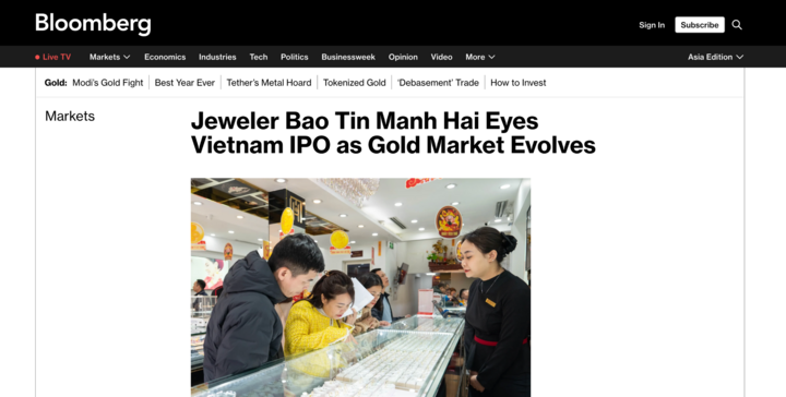 Thông tin Bảo Tín Mạnh Hải lên kế hoạch IPO trong trong bối cảnh thị trường vàng chuyển mình trên Bloomberg.
