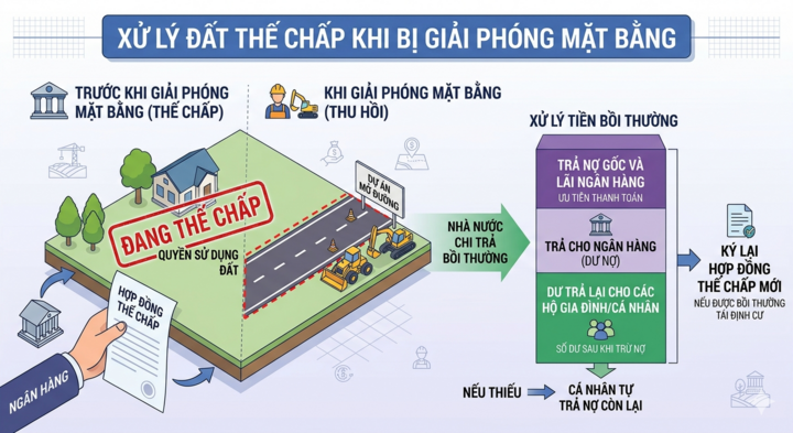 Đất đang thế chấp ngân hàng bị giải phóng mặt bằng, tiền đền bù xử lý ra sao?
