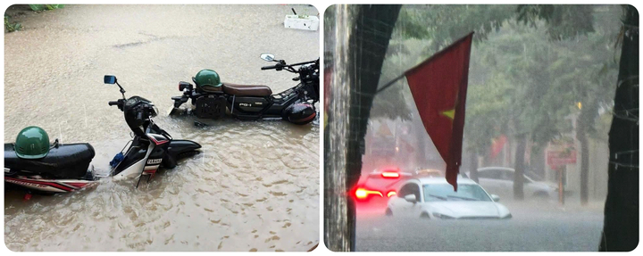 Loạt ô tô, xe máy bị ngập ngang xe.