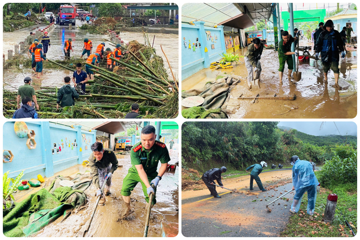 Lực lượng chức năng tại xã Quảng Hà và Đường Hoa khẩn trương dọn dẹp, khắc phục hậu quả mưa lũ gây ra ngay sau khi nước rút.