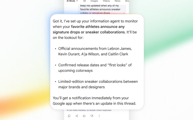 Google AI Agents giúp bạn theo dõi chủ đề yêu thích - từ sneaker mới của các vận động viên cho đến tin tức nóng - và gửi thông báo ngay khi có cập nhật. (Nguồn: Getty Images)