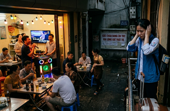 Hàng xóm hát karaoke rất ảnh hưởng việc học của con tôi. (Ảnh minh họa: AI)