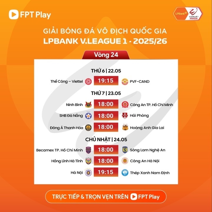 Lịch thi đấu V.League vòng 24. (Ảnh: FPT Play)