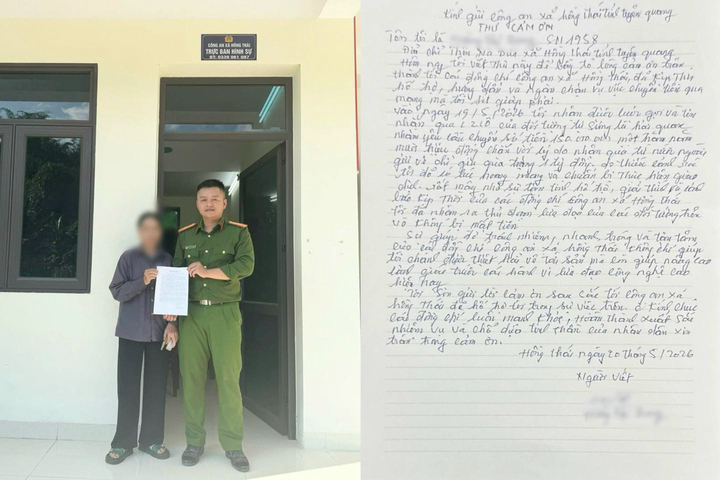 Bà H.T.D. viết thư cảm ơn các cán bộ, chiến sỹ công an xã Hồng Thái, tỉnh Tuyên Quang. (Ảnh: Công an tỉnh Tuyên Quang)