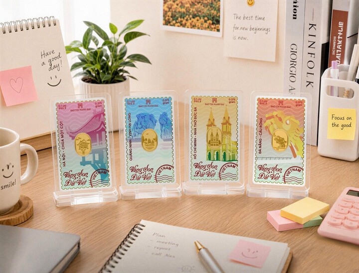 Thẻ vàng Travel Card "Vàng Son Đất Việt" đặt cạnh trên bàn làm việc.