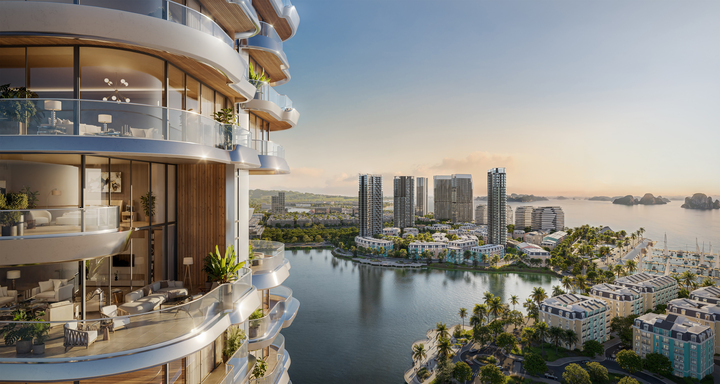 Prima Bay sở hữu hệ tầm nhìn đa lớp: hướng vịnh Hạ Long, hồ nhạc nước Halo Bay Show, bến du thuyền thời thượng, trục phố Hoàng Quốc Việt và cảnh quan nội khu.