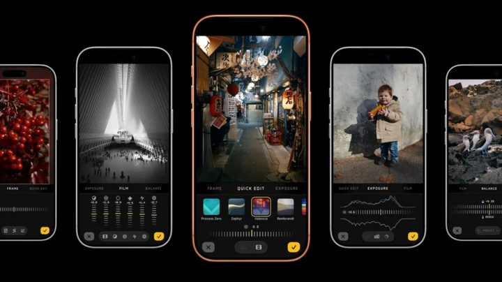 Màn hình iPhone hiển thị giao diện chỉnh sửa mới của Halide Mark III, minh họa khả năng áp dụng bộ lọc phim, điều chỉnh phơi sáng và cân bằng màu sắc trực tiếp trong ứng dụng. (Nguồn: Luxoptics)