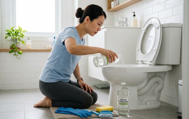 Đổ giấm vào bồn cầu qua đêm giúp làm sạch những mảng ố và cặn vôi. (Ảnh: HTCH)