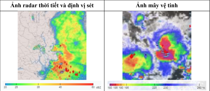 Ảnh radar thời tiết, định vị sét và mây vệ tinh cho thấy mây đối lưu đang phát triển mạnh trên khu vực TP.HCM và Nam Bộ.