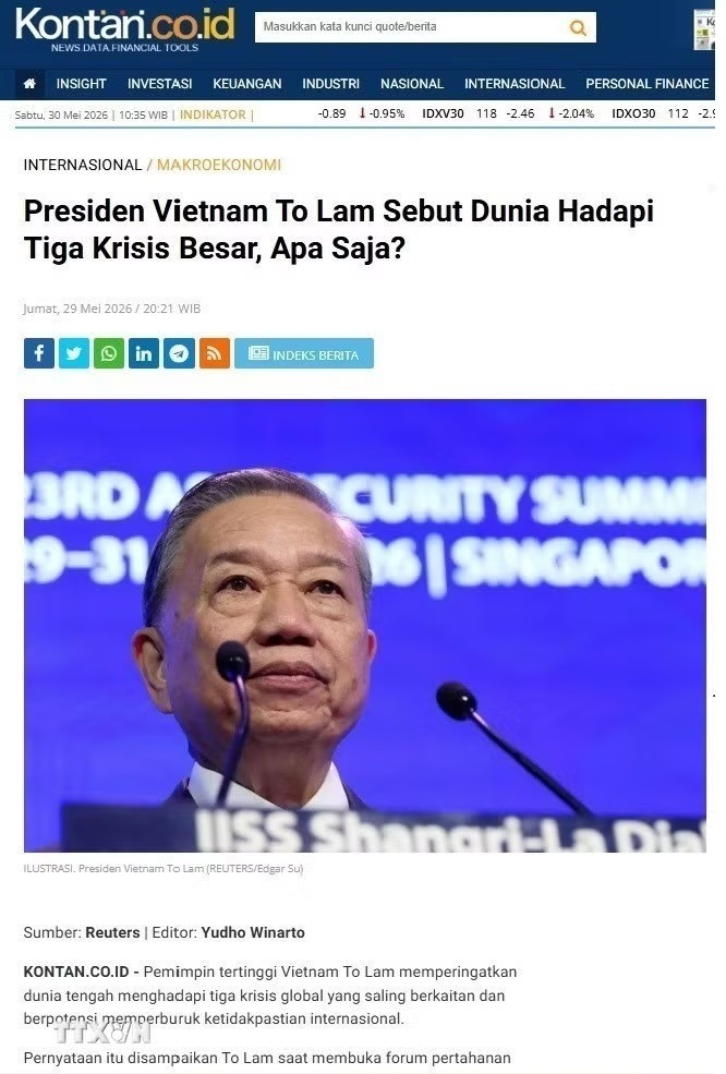 Bài báo của Kontan ngày 29/5 nhận định về bài phát biểu của Tổng Bí thư, Chủ tịch nước Tô Lâm trong phiên khai mạc Đối thoại Shangri-La lần thứ 23 ở Singapore. (Ảnh: TTXVN phát)