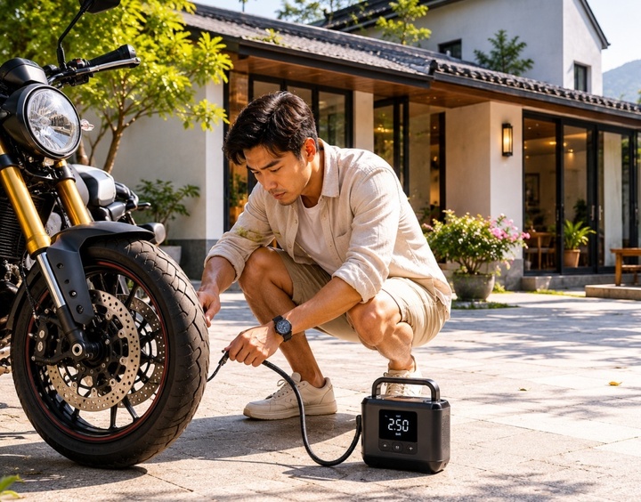 Chỉ cần một chiếc máy bơm cầm tay, bạn hoàn toàn có thể tự bơm xe tại nhà một cách nhẹ nhàng. Ảnh: AI