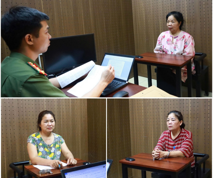 Các đối tượng Phạm Tuyết Lê (trên), Vũ Thị Chuyền (trái) và Kiều Thị Thúy Hường (phải) tại Cơ quan Công an. (Ảnh Công an Lạng Sơn).