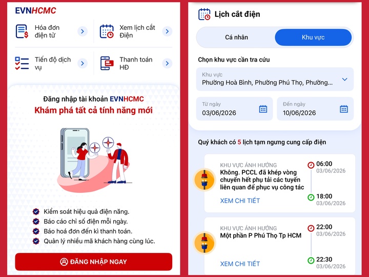 Đăng nhập app và vào mục Xem lịch cắt điện. (Ảnh chụp màn hình)