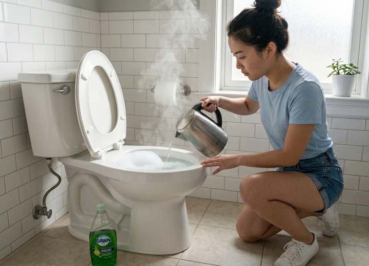 Nước rửa bát và nước nóng giúp bồn cầu được thông tắc nhẹ nhàng. Ảnh: SN